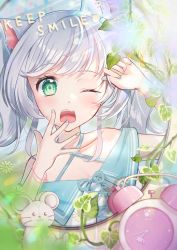 Rule 34 | 1girl, alarm clock, animal ears, blush, cat ears, clock, criss-cross halter, english text, fang, green eyes, halterneck, hand on own forehead, highres, kowano, mirror, morning, nail polish, one eye closed, open mouth, original, plant, reflection, ribbon, short hair, solo, stuffed animal, stuffed mouse, stuffed toy, tearing up, twintails, vines, waking up, white hair, yawning