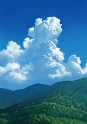 Rule 34 | blue sky, cloud, commentary request, cumulonimbus cloud, day, forest, highres, hill, landscape, mac naut, mountain, nature, no humans, original, plant, scenery, signature, sky, summer, tree