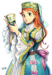 Rule 34 | 1girl, brown hair, cup, dress, drinking glass, earrings, flat cap, frills, green eyes, hat, highres, holding, jewelry, juliet sleeves, long hair, long sleeves, looking at viewer, nail polish, open mouth, original, puffy sleeves, raito (latek), solo, traditional clothes, white background, wine glass