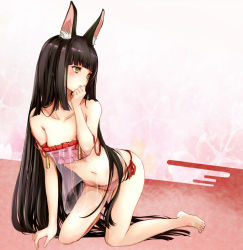 Rule 34 | 1girl, all fours, animal ear fluff, animal ears, azur lane, babydoll, bare legs, bare shoulders, black hair, breasts, collarbone, commentary request, fox ears, full body, gluteal fold, hair ornament, hime cut, long hair, looking to the side, nagato (azur lane), nagato (great fox&#039;s respite) (azur lane), navel, panties, pink panties, rizzl, see-through, side-tie panties, small breasts, stomach, strap slip, thighs, toes, underwear, very long hair, yellow eyes