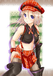Rule 34 | 10s, 1girl, absurdres, alisa ilinichina amiella, black footwear, black pantyhose, blue eyes, boots, breasts, cabbie hat, close-up, elbow gloves, fingerless gloves, gloves, god eater, god eater burst, hat, highres, konten, long hair, midriff, navel, pantyhose, silver hair, skirt, solo, suspender skirt, suspenders, thigh boots, thighhighs