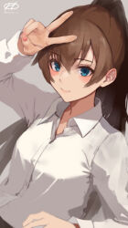 Rule 34 | 1girl, artist logo, blue eyes, brown hair, collared shirt, dress shirt, grey background, haruto (harut n), kantai collection, kumano (kancolle), long hair, one-hour drawing challenge, ponytail, shirt, simple background, solo, upper body, v over head, white shirt