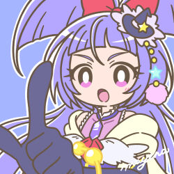 Rule 34 | 1girl, black hat, bow, bracelet, cure magical, elbow gloves, gloves, gold bracelet, hair bow, hat, highres, index finger raised, izayoi liko, jewelry, long hair, looking at viewer, magical girl, mahou girls precure!, mayena, mini hat, mini witch hat, open mouth, outline, pink eyes, pointing, pointing at viewer, pom pom (clothes), precure, purple background, purple eyes, purple hair, red bow, signature, simple background, solo, white background, white outline, witch hat