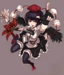 Rule 34 | 1girl, belt, black hair, black thighhighs, chin strap, female focus, fingerless gloves, gloves, hand fan, hat, looking at viewer, open mouth, panzer (p.z), pouch, puffy sleeves, red eyes, shameimaru aya, short hair, short sleeves, solo, thighhighs, tokin hat, touhou