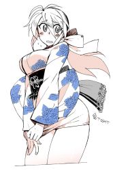 Rule 34 | 1girl, blue eyes, blush stickers, bow, breasts, hair bow, japanese clothes, kimono, kusanagi tonbo, long hair, original, skindentation, traditional media, yukata