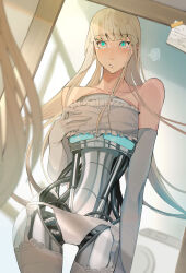 Rule 34 | 1girl, absurdres, android, aqua eyes, blonde hair, blunt bangs, cable, cropped legs, ecomoesty, elbow gloves, garter straps, gloves, highres, indoors, long hair, looking at mirror, mechanical parts, mirror, original, panties, robot girl, solo, standing, underwear, very long hair, white gloves, white panties