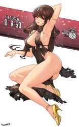 Rule 34 | 1girl, absurdres, arm behind head, arm up, armlet, armpits, artist name, ass, bare legs, black dress, blunt bangs, blush, breasts, brown dress, brown hair, c.honey, character name, cleavage, commentary request, covered erect nipples, covered navel, dress, dsr-50 (girls&#039; frontline), dsr-50 (highest bid) (girls&#039; frontline), girls&#039; frontline, high heels, highres, jewelry, large breasts, lips, long hair, looking at viewer, lying, necklace, no bra, no panties, official alternate costume, on side, parted lips, pelvic curtain, red eyes, revealing clothes, ring, side slit, sideboob, sidelocks, solo, torn clothes, torn dress, underboob, unfinished, wedding band, yellow footwear