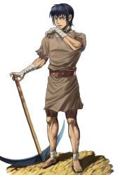 Rule 34 | 1boy, barefoot, belt, black hair, blue eyes, brown tunic, cestvs, cestvs: the roman fighter, collar, commentary request, foot wraps, full body, hand wraps, highres, metal collar, open mouth, pickaxe, slave, solo, standing, tunic, user fcpz4844