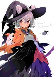 Rule 34 | 1girl, akagashi hagane, animal ears, black bow, black bowtie, black gloves, black hat, black skirt, bow, bowtie, capelet, commentary, ears through headwear, english text, gloves, grey hair, half gloves, halloween, halloween costume, hand up, happy halloween, hat, jack-o&#039;-lantern, jewelry, long sleeves, looking at viewer, mouse (animal), mouse ears, nazrin, orange capelet, pendant, red eyes, shirt, short hair, simple background, skirt, solo, spider web print, touhou, upper body, white background, white shirt, witch hat