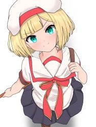 Rule 34 | &gt;:), 1girl, aged down, atsumisu, bad id, bad pixiv id, beret, black skirt, blonde hair, blunt bangs, blush, bow, brown footwear, closed mouth, collared shirt, commentary request, cosplay, fate/kaleid liner prisma illya, fate (series), from above, green eyes, hat, head tilt, holding, homurahara academy school uniform, looking at viewer, looking up, lord el-melloi ii case files, pleated skirt, red bow, reines el-melloi archisorte, school uniform, shirt, short hair, short sleeves, skirt, smile, solo, standing, v-shaped eyebrows, white hat, white shirt