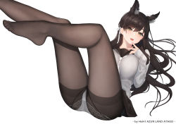 Rule 34 | 1girl, abab xiaxia, animal ears, artist name, ass, atago (azur lane), atago (school traumerei) (azur lane), atago (school traumerei) (azur lane), azur lane, black hair, black pantyhose, black sailor collar, black serafuku, black skirt, bow, cardigan, commentary request, extra ears, highres, lace, lace-trimmed panties, lace trim, long hair, looking at viewer, no shoes, official alternate costume, panties, panties under pantyhose, pantyhose, revision, ribbon, sailor collar, school uniform, serafuku, simple background, skirt, solo, thighband pantyhose, underwear, white background, white bow, white cardigan, white neckwear, white ribbon, yellow eyes