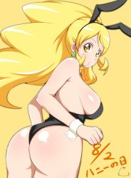 Rule 34 | 10s, 1girl, animal ears, ass, blonde hair, breasts, cure honey, dated, fake animal ears, happinesscharge precure!, jabara tornado, large breasts, leotard, long hair, looking at viewer, looking back, magical girl, oomori yuuko, playboy bunny, precure, rabbit ears, sideboob, simple background, solo, wide ponytail, yellow background, yellow eyes