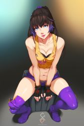 Rule 34 | 1girl, bare shoulders, black hair, blue eyes, boots, breasts, brown hair, cleavage, feguimel, fingerless gloves, gloves, gradient background, gradient hair, highres, legs, long hair, looking at viewer, multicolored hair, navel, open mouth, original, ponytail, purple footwear, purple hair, purple thighhighs, shorts, sitting, smile, solo, thigh boots, thighhighs, two-tone hair, watermark, web address