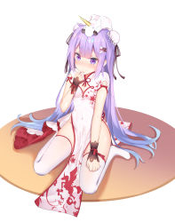 Rule 34 | 1girl, absurdres, ahoge, azur lane, breasts, cleavage, cleavage cutout, clothing cutout, commentary request, from above, highres, long hair, looking at viewer, mobu (wddtfy61), pelvic curtain, simple background, sitting, solo, stuffed animal, stuffed pegasus, stuffed toy, stuffed unicorn, stuffed winged unicorn, thighhighs, unicorn (azur lane), unicorn (the gift of spring) (azur lane), white thighhighs
