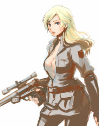 Rule 34 | 1girl, blonde hair, blue eyes, breasts, choker, female soldier, gloves, gun, h&amp;k psg1, jacket, large breasts, long hair, metal gear (series), metal gear solid, military, open clothes, open jacket, rifle, sideboob, sniper rifle, sniper wolf, soldier, solo, weapon