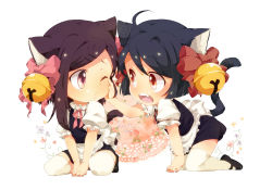 Rule 34 | 2girls, animal ears, apron, bad id, bad pixiv id, bell, black hair, bow, cat ears, cat tail, chibi, hair bell, hair bow, hair ornament, hand on another&#039;s face, highres, maid, maid apron, mary janes, mini person, minigirl, multiple girls, open mouth, original, paw print, pink eyes, red eyes, shoes, tail, thighhighs, umiko (munemiu), waist apron, white legwear, wince
