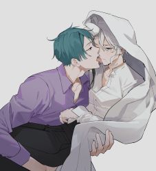 Rule 34 | 2boys, absurdres, adam&#039;s apple, ahoge, azul ashengrotto, black hair, black pants, blanket, blue eyes, blue hair, brown eyes, carrying, collared shirt, crying, crying with eyes open, dress shirt, eyelashes, face-to-face, grey background, grey hair, half-closed eyes, highres, hyakutennnn, jade leech, leaning forward, licking, licking another&#039;s face, licking another&#039;s lips, licking tears, long sleeves, looking at another, looking away, male focus, multicolored hair, multiple boys, open mouth, pants, princess carry, profile, purple shirt, shirt, short hair, sidelocks, simple background, streaked hair, tears, tongue, tongue out, twisted wonderland, veil, white shirt, yaoi