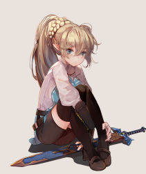 Rule 34 | 1girl, belt, bike shorts, black eyes, black thighhighs, blonde hair, blush, braid, closed mouth, collared shirt, commentary request, earrings, genderswap, genderswap (mtf), high heels, icywood, jewelry, link, long hair, long sleeves, looking at viewer, mary janes, master sword, nintendo, pointy ears, scabbard, sheath, sheathed, shirt, shoes, simple background, sitting, solo, sword, the legend of zelda, thighhighs, weapon, white shirt, wrist guards