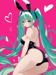 Rule 34 | 1girl, absurdres, animal ears, aqua eyes, aqua hair, backless outfit, bare shoulders, black leotard, blush, breasts, coco irasuto, detached collar, fake animal ears, fake tail, hatsune miku, highleg, highleg leotard, highres, large breasts, leotard, long hair, looking at viewer, looking back, number tattoo, open mouth, pink background, playboy bunny, rabbit ears, rabbit tail, simple background, strapless, strapless leotard, tail, tattoo, twintails, vocaloid, wrist cuffs