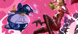 Rule 34 | 1girl, asymmetrical bangs, blonde hair, blue eyes, bodysuit, breasts, cat, center opening, cleavage, commentary, dual wielding, earrings, english commentary, explosion, fake tail, gloves, grin, gun, highres, holding, holding gun, holding weapon, jewelry, large breasts, leather, lips, lipstick, long hair, looking at viewer, makeup, mask, mixed-language commentary, morgana (persona 5), parted bangs, parted lips, persona, persona 5, persona 5 the royal, phamoz, pink background, pink gloves, red bodysuit, red thighhighs, scarf, simple background, smile, tail, takamaki anne, teeth, thighhighs, twintails, upside-down, weapon, yellow scarf