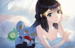 Rule 34 | 1girl, bare arms, bed sheet, black eyes, black hair, breasts, budew, cleavage, creatures (company), curtains, dawn (pokemon), dress, game freak, gen 4 pokemon, grin, hair ornament, hairclip, head rest, highres, long hair, lying, nintendo, off shoulder, on bed, on stomach, pokemon, pokemon (creature), pokemon dppt, shinx, short dress, sleeveless, sleeveless dress, small breasts, smile, solo, strap slip, the pose, twitter username, white dress, yogi001yogi