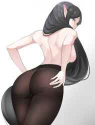 Rule 34 | 1girl, adele (maplestory), ass, bare back, black hair, blush, breasts, breasts out, clipstupid, closed mouth, from behind, green eyes, highres, long hair, looking back, maplestory, medium breasts, panties, pantyhose, pointy ears, solo, underwear, upper body