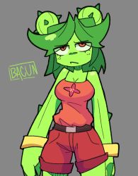 bacun, bangs, breasts, cactus, cactus girl, camisole, cleavage, colored skin, cowboy shot, green hair, green skin, grey background, highres, jitome, large breasts, monster girl, orange camisole, orange eyes, original, parted bangs, plant girl, rebutia (bacun), red shorts, shorts, signature, simple background, spaghetti strap