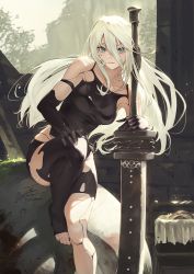 Rule 34 | 1girl, black gloves, black shirt, breasts, elbow gloves, fadingz, gloves, green eyes, hair between eyes, highres, holding, holding sword, holding weapon, joints, lips, long hair, looking at viewer, medium breasts, mole, mole under mouth, nier (series), nier:automata, parted lips, robot joints, shirt, sitting, solo, sword, toeless legwear, toes, weapon, white hair, a2 (nier:automata)