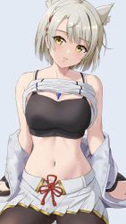 Rule 34 | 1girl, amayo thranana, animal ears, bare shoulders, black bra, bra, breasts, camisole, cat ears, cat girl, chest jewel, head tilt, highres, jacket, large breasts, leggings, medium breasts, mio (xenoblade), navel, shoulder strap, solo, stomach, tank top, underwear, white camisole, white hair, white jacket, white tank top, xenoblade chronicles (series), xenoblade chronicles 3