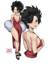 Rule 34 | 1girl, alternate costume, back, backboob, black footwear, black hair, breasts, caulifla, dragon ball, dragon ball super, dress, earrings, evening gown, full body, fur, high heels, highres, jewelry, kamii momoru, looking at viewer, multiple views, smile, thick thighs, thighs, white background