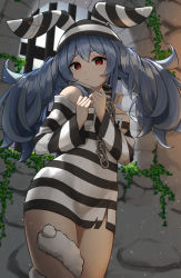 Rule 34 | 1girl, absurdres, akiki (kiki), animal ears, bare shoulders, blue hair, blush, chain, collar, commentary request, cowboy shot, don-chan (usada pekora), hair between eyes, highres, hololive, long hair, long sleeves, looking at viewer, metal collar, off-shoulder shirt, off shoulder, orange eyes, prison clothes, rabbit-shaped pupils, rabbit ears, shirt, solo, standing, striped clothes, striped headwear, striped shirt, symbol-shaped pupils, thick eyebrows, twintails, usada pekora, usada pekora (prisoner), virtual youtuber