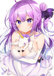Rule 34 | 1girl, absurdres, ahoge, alternate breast size, artist name, azur lane, bare shoulders, between breasts, blush, breast hold, breasts, cleavage, collarbone, commentary request, cowboy shot, criss-cross halter, dress, elbow gloves, gloves, hair bun, hair intakes, hair ribbon, halterneck, heart, heart-shaped pupils, highres, large breasts, long hair, looking at viewer, nenobi (nenorium), one side up, purple eyes, purple hair, purple ribbon, ribbon, signature, simple background, single hair bun, smile, solo, standing, stuffed animal, stuffed toy, stuffed unicorn, symbol-shaped pupils, translated, unicorn (azur lane), white background, white dress, white gloves