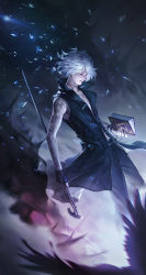 Rule 34 | 1boy, arm tattoo, bare shoulders, black coat, black gloves, black pants, book, cane, chest tattoo, closed eyes, closed mouth, coat, dated, devil may cry (series), devil may cry 5, feet out of frame, fingerless gloves, glass shards, gloves, highres, holding, holding book, holding cane, long coat, male focus, moie, necklace, pants, short hair, signature, single glove, sleeveless, sleeveless coat, smoke, solo, studded bracelet, tattoo, tooth necklace, v (devil may cry), white hair