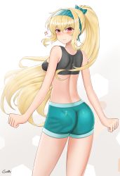 Rule 34 | 1girl, angry, artist name, ass, back, black sports bra, blonde hair, blush, bow, breasts, clenched hands, embarrassed, gamryous, girls&#039; frontline, green headwear, green shorts, hair bow, hair ribbon, hairband, highres, jewelry, long hair, looking at viewer, looking back, medium breasts, ponytail, red eyes, ribbon, ring, shorts, simple background, slap mark, smile, solo, spanked, sports bra, sv-98 (girls&#039; frontline)