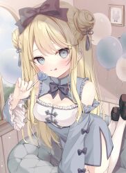 Rule 34 | 1girl, :q, balloon, black bow, black footwear, blonde hair, blue dress, blue eyes, blue sleeves, blush, bow, breasts, candy, cleavage, cleavage cutout, closed mouth, clothing cutout, commentary request, detached sleeves, double bun, dress, food, frilled sleeves, frills, hair bow, hair bun, heart, heart-shaped lollipop, highres, holding, holding candy, holding food, holding lollipop, hoshi (snacherubi), indoors, kneeling, lollipop, long hair, long sleeves, looking at viewer, medium breasts, original, shaped lollipop, shoe soles, smile, solo, tongue, tongue out, very long hair, wide sleeves, window