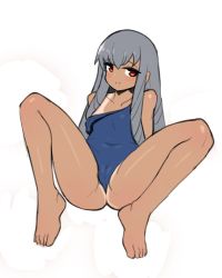 Rule 34 | 1girl, breasts, cameltoe, closed mouth, commentary, copyright request, donburi (donburikazoku), feet, grey hair, long hair, looking at viewer, red eyes, simple background, sitting, small breasts, smile, solo, swimsuit, tan, tanline, white background