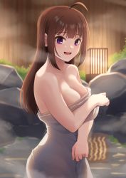 Rule 34 | 1girl, ahoge, breasts, brown hair, cleavage, commentary request, from side, idolmaster, idolmaster million live!, idolmaster million live! theater days, kamille (vcx68), large breasts, light blush, long hair, looking at viewer, looking to the side, medium breasts, naked towel, onsen, open mouth, purple eyes, smile, solo, standing, towel, wooden wall, yokoyama nao