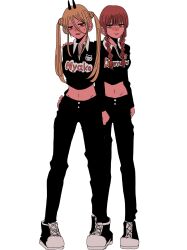 2girls black_horns black_pants black_shirt blonde_hair braid chainsaw_man collared_shirt crop_top cross-shaped_pupils groin hair_between_eyes hand_on_another&#039;s_shoulder highres horns long_hair long_sleeves makima_(chainsaw_man) meowy_(chainsaw_man) multiple_girls navel pants pink_hair pochita_(chainsaw_man) power_(chainsaw_man) red_eyes ringed_eyes shirt simple_background standing symbol-shaped_pupils twin_braids twintails white_background yellow_eyes yuzuha_takamura