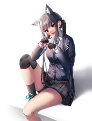 Rule 34 | 1girl, animal ear fluff, animal ears, bike shorts, black gloves, black hair, black shorts, black socks, blazer, blue archive, blue necktie, blue ribbon, blush, cat ears, collared shirt, embarrassed, gloves, grey skirt, hair ribbon, highres, jacket, knee pads, long hair, long sleeves, miniskirt, necktie, open mouth, paw pose, plaid, plaid skirt, pleated skirt, qoray7, red eyes, ribbon, school uniform, serika (blue archive), shirt, short shorts, shorts, shorts under skirt, simple background, sitting, skirt, socks, solo, thighs, twintails, very long hair, white background, white shirt, wing collar