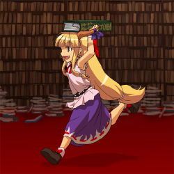 Rule 34 | 1girl, :d, blonde hair, book, book on head, bookshelf, fang, female focus, horn ornament, horn ribbon, horns, ibuki suika, indoors, library, long hair, lowres, object on head, open mouth, red eyes, ribbon, running, skirt, smile, solo, touhou, very long hair, voile