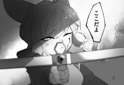 Rule 34 | 1girl, aiming, aiming at viewer, animal ears, ao oni (onioni-aoi), arknights, blood, blood on face, blurry, bow, bow (weapon), braid, commentary request, crossbow, greyscale, hair bow, hand up, hatching (texture), highres, holding, holding crossbow, holding weapon, kokodayo, kroos (arknights), linear hatching, looking at viewer, monochrome, one eye closed, open mouth, outstretched arm, rabbit ears, scratches, short hair, side braids, solo, translated, twin braids, unusually open eyes, weapon