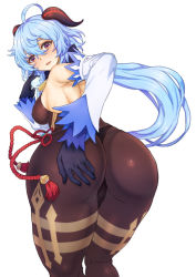 Rule 34 | 1girl, ahoge, ari, ass, ass grab, bare shoulders, blue hair, blush, bodysuit, breasts, cameltoe, come hither, deep skin, detached sleeves, from behind, ganyu (genshin impact), genshin impact, gloves, horns, huge ass, large breasts, leotard, long hair, looking at viewer, looking back, open mouth, pantyhose, purple eyes, shiny clothes, shiny skin, sideboob, smile, solo, very long hair, waist cape
