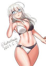 Rule 34 | 1girl, absurdres, ahoge, artistic error, bikini, blue eyes, breasts, cleavage, dated, grey hair, heywood l. edwards (kancolle), highres, kantai collection, katou shinobu, large breasts, lips, long hair, one-hour drawing challenge, solo, swimsuit, twitter username, two-tone bikini