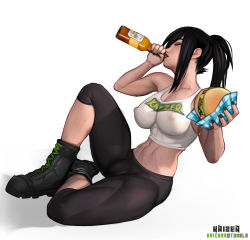 Rule 34 | 1girl, abs, black hair, bulge, burger, covered erect nipples, drinking, food, full body, futanari, futanari, highres, ponytail, simple background, sitting, solo, spandex, sweat, tank top, tight clothes, toxxy, white background