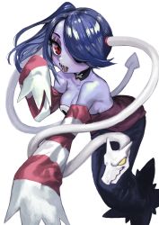 Rule 34 | 1girl, absurdres, blue hair, blue skin, breasts, cleavage, collar, colored skin, detached collar, detached sleeves, dress, full body, hair over one eye, highres, leviathan (skullgirls), looking at viewer, open mouth, rugure, side ponytail, skullgirls, smile, squigly (skullgirls), stitched mouth, stitches, striped, white background, yellow eyes, zombie