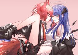 Rule 34 | 2girls, animal ears, arknights, bird ears, bird girl, bird tail, black footwear, black gloves, black jacket, black wings, blue eyes, blue hair, blue tongue, clothes pull, collared shirt, colored tongue, cross, cross necklace, demon horns, detached sleeves, energy wings, eye contact, fiammetta (arknights), gloves, hand on another&#039;s face, hand on another&#039;s head, hand under clothes, hand under shorts, highres, horns, jacket, jewelry, looking at another, luren max, mostima (arknights), multiple girls, navel, necklace, necktie, off shoulder, open clothes, open jacket, pulling another&#039;s clothes, red eyes, red hair, red necktie, shirt, shorts, shorts pull, tail, tank top, white gloves, white shirt, white tank top, wings, yuri