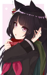 Rule 34 | 1girl, :o, absurdres, animal ears, black hair, black shirt, cape, commentary request, fingernails, flower, girls&#039; frontline, green cape, hair flower, hair ornament, hands up, highres, j young, kemonomimi mode, long hair, long sleeves, neckerchief, outline, parted lips, pink background, red eyes, red flower, red neckerchief, school uniform, shirt, solo, sweat, two-tone background, type 100 (girls&#039; frontline), upper body, very long hair, white background, white outline
