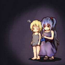 Rule 34 | 2girls, :3, :|, aged down, alice margatroid, alice margatroid (pc-98), bare shoulders, barefoot, blonde hair, blue hair, breasts, child, closed mouth, dark, expressionless, full body, hair bobbles, hair ornament, innelysion, long hair, mother and daughter, multiple girls, one eye closed, purple background, red eyes, sewing, sewing kit, shinki (touhou), short hair, side ponytail, simple background, sleepwear, slippers, squatting, squiggle, standing, touhou, touhou (pc-98), very long hair, yellow eyes