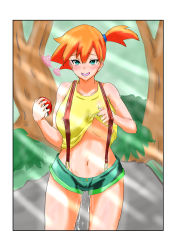 Rule 34 | 1girl, absurdres, adapted costume, artist request, asymmetrical hair, bare legs, blush, grabbing another&#039;s breast, breasts, creatures (company), denim, denim shorts, game freak, gen 1 pokemon, grabbing, green eyes, groping, gym leader, highres, holding, holding poke ball, huge breasts, large breasts, legs, looking at viewer, misty (pokemon), navel, nintendo, orange hair, poke ball, pokemon, pokemon (anime), pokemon (classic anime), ponytail, shirt, short hair, short shorts, shorts, side ponytail, smile, solo, standing, suspenders, tank top, thighs, wet, wide hips, yellow shirt, yellow tank top