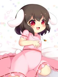 Rule 34 | 1girl, :3, animal ears, blush, breasts, brown hair, carrot necklace, commentary request, dress, floppy ears, foot out of frame, heart, highres, inaba tewi, jewelry, koruk700, looking at viewer, medium bangs, necklace, open mouth, pink dress, rabbit ears, rabbit girl, rabbit tail, red eyes, ribbon-trimmed dress, short hair, short sleeves, small breasts, smile, solo, tail, touhou, white background
